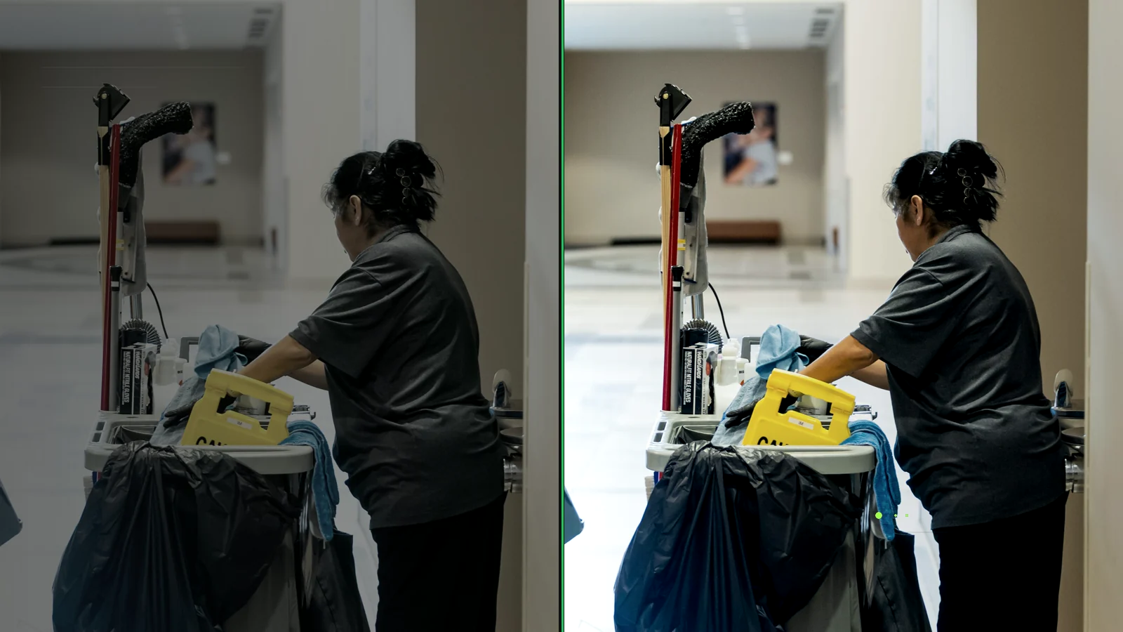 Illustrative paired custodial scene showing contrasting operational states.