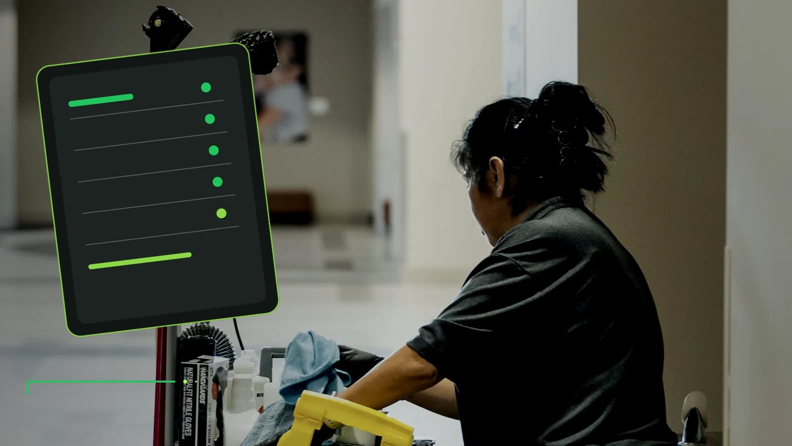 Illustrative custodial workflow scene with a non-legible inspection checklist display.